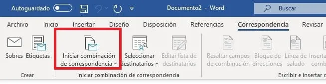 Menú de Iniciar combinación de correspondencia