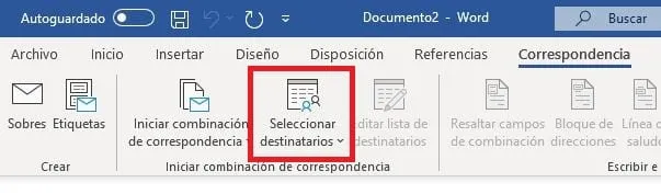 Menú Seleccionar destinatarios Word
